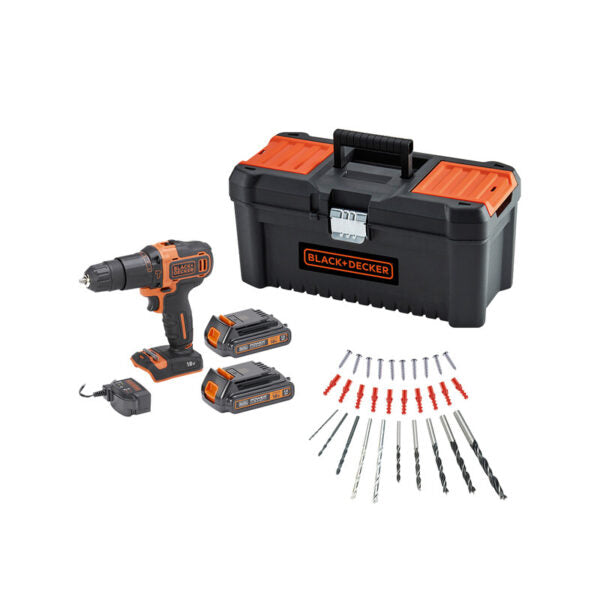 BERBEQUIM COM PERCUSSÃO 18V, 2 BATERIAS 1.5Ah, CARREGADOR 400Ma, 30 ACESSÓRIOS EM CAIXA DE FERRAMENTAS DE 16" BLACK&DECKER