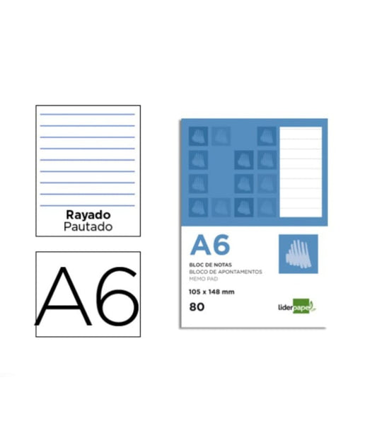 BLOCO DE APONTAMENTOS A6 80 FOLHAS PAUTADO - LIDER PAPEL