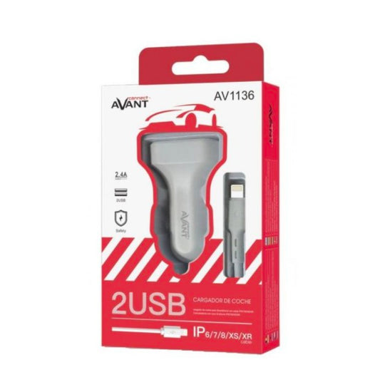 CARREGADOR ISQUEIRO AV1136 DUPLO USB + CABO LIGHTNING IP(6/7/8/XS/XR) - AVANTCONNECT